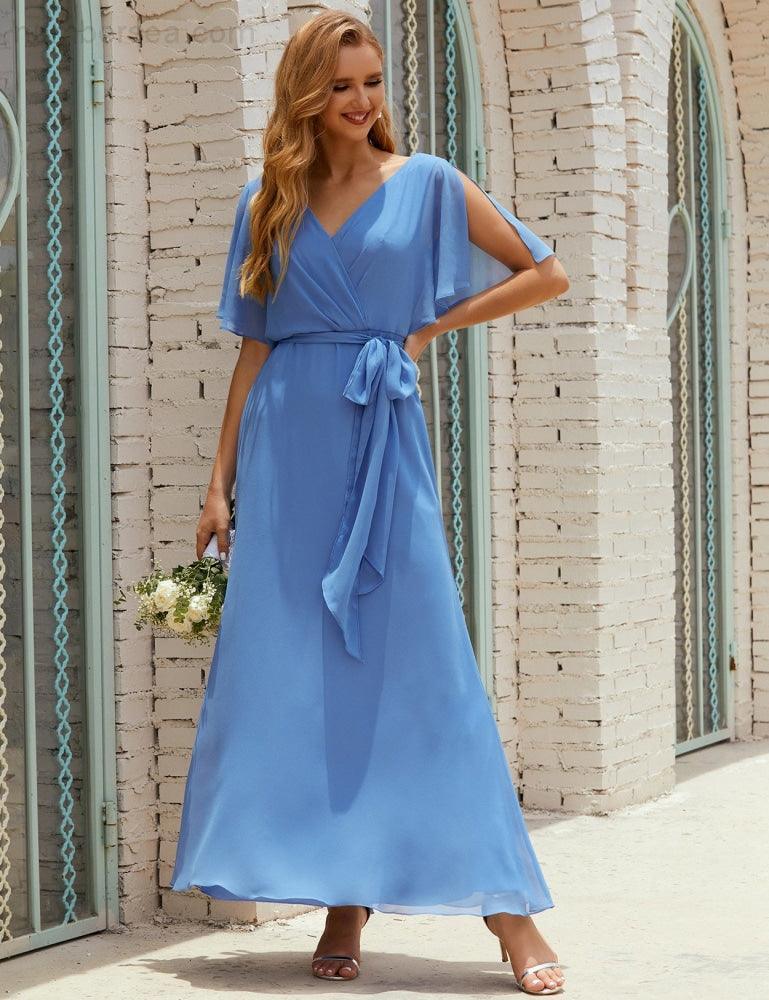 Vestido de dama de honra decote em V longo com cinto para 28022
