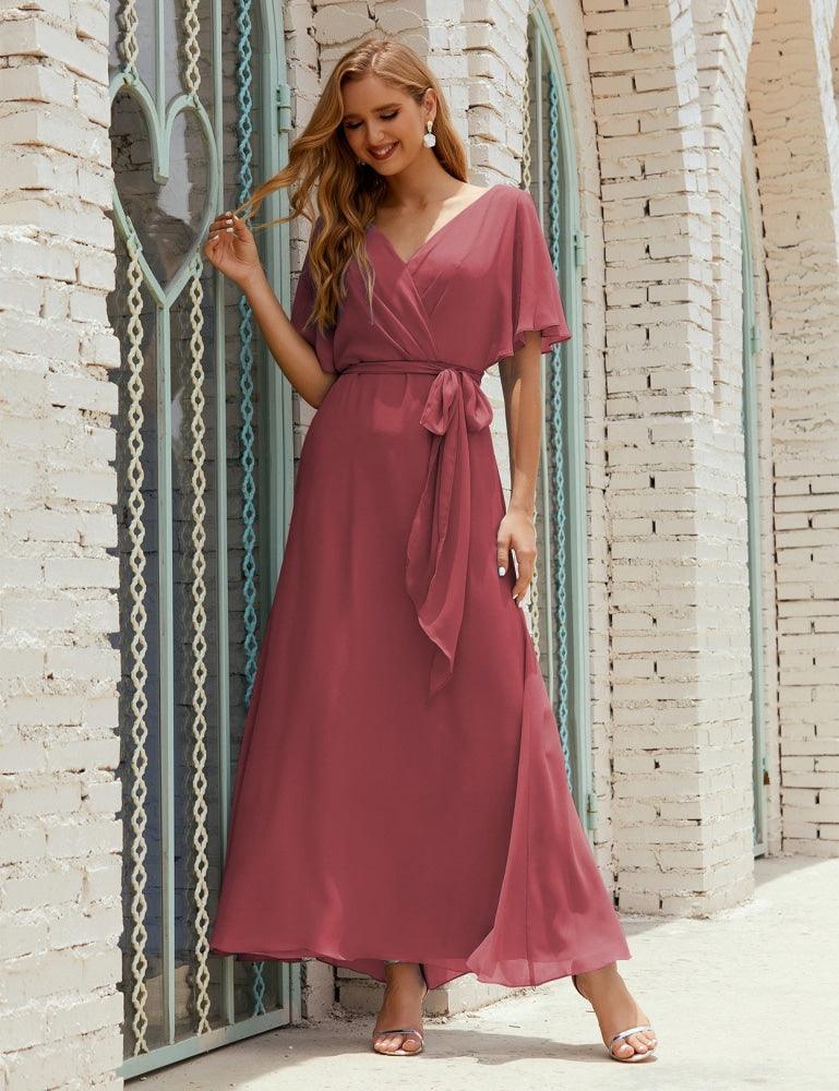 Vestido de dama de honra decote em V longo com cinto para 28022