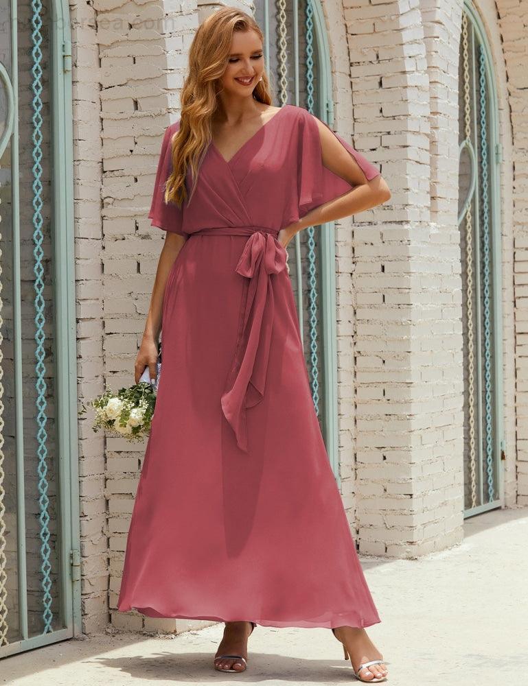 Vestido de dama de honra decote em V longo com cinto para 28022