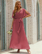 Vestido de dama de honra decote em V longo com cinto para 28022
