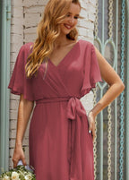 Vestido de dama de honra decote em V longo com cinto para 28022