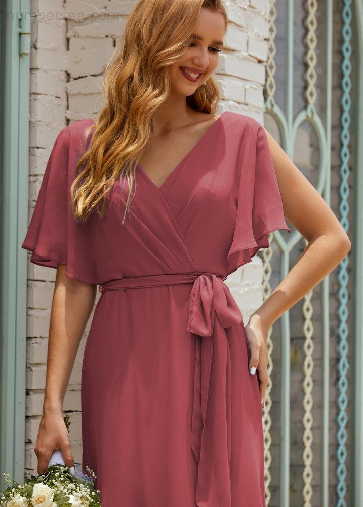 Vestido de dama de honra decote em V longo com cinto para 28022