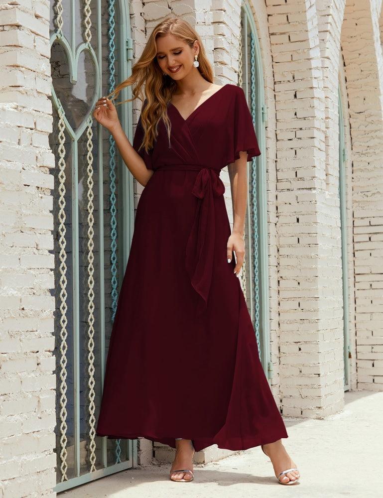 Vestido de dama de honra decote em V longo com cinto para 28022