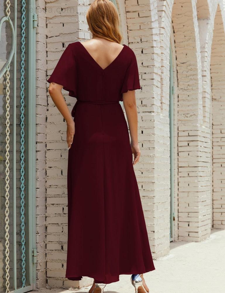 Vestido de dama de honra decote em V longo com cinto para 28022