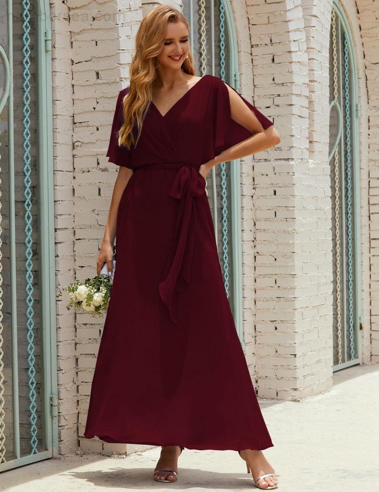 Vestido de dama de honra decote em V longo com cinto para 28022
