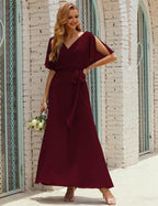 Vestido de dama de honra decote em V longo com cinto para 28022