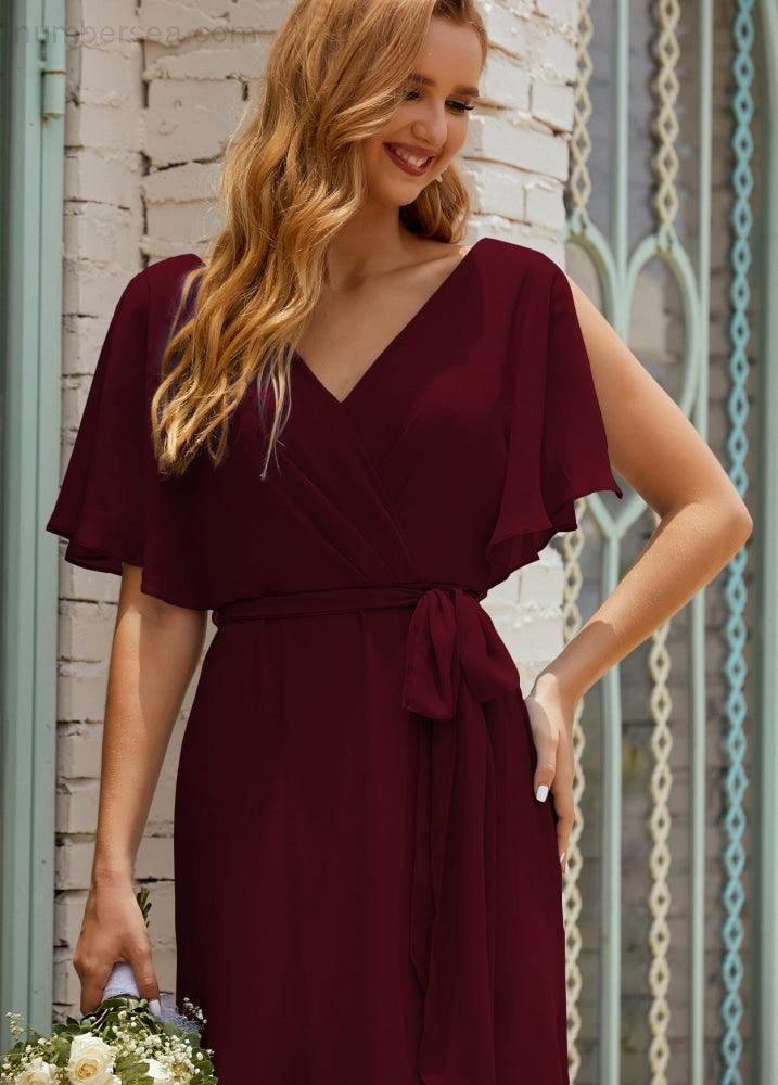 Vestido de dama de honra decote em V longo com cinto para 28022