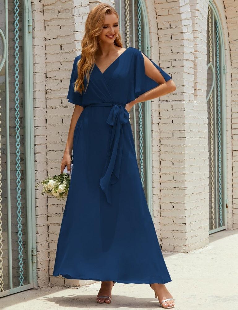 Vestido de dama de honra decote em V longo com cinto para 28022