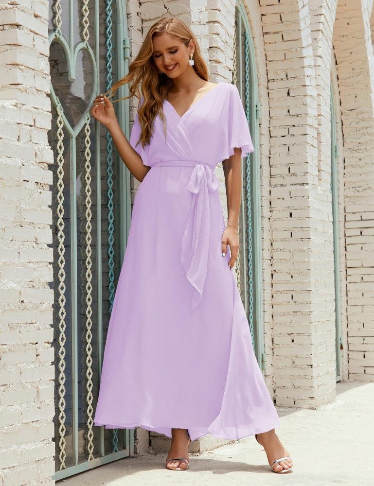 Vestido de dama de honra decote em V longo com cinto para 28022