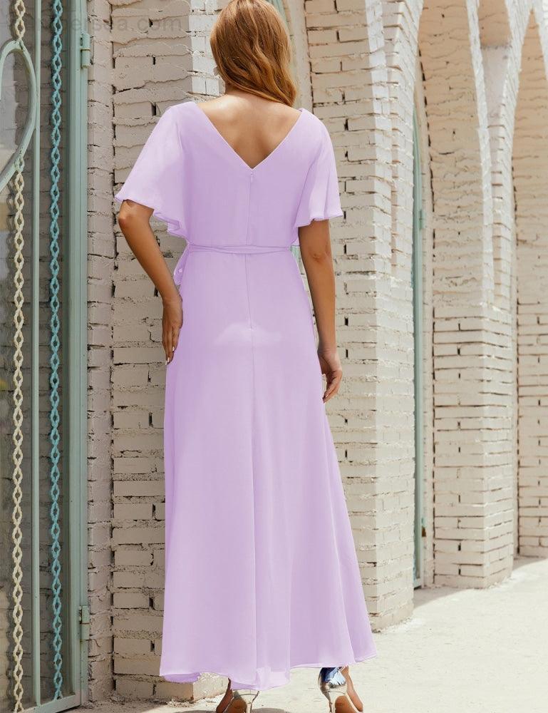 Vestido de dama de honra decote em V longo com cinto para 28022