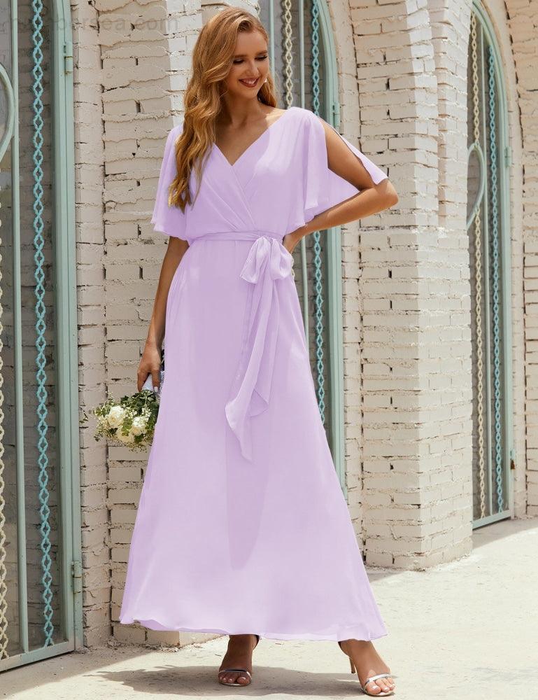 Vestido de dama de honra decote em V longo com cinto para 28022