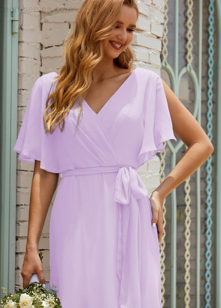 Vestido de dama de honra decote em V longo com cinto para 28022