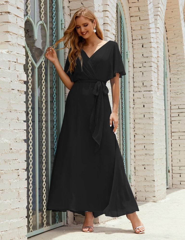 Vestido de dama de honra decote em V longo com cinto para 28022