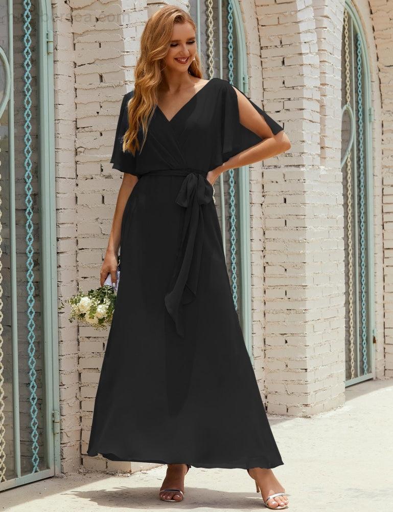 Vestido de dama de honra decote em V longo com cinto para 28022