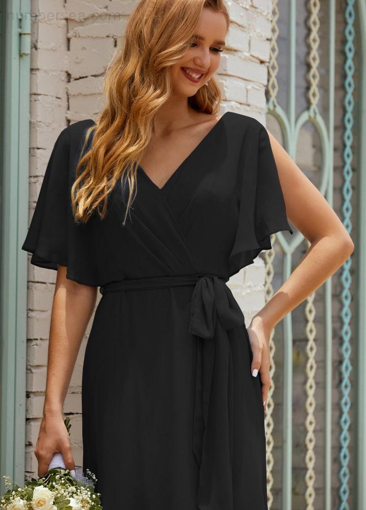 Vestido de dama de honra decote em V longo com cinto para 28022