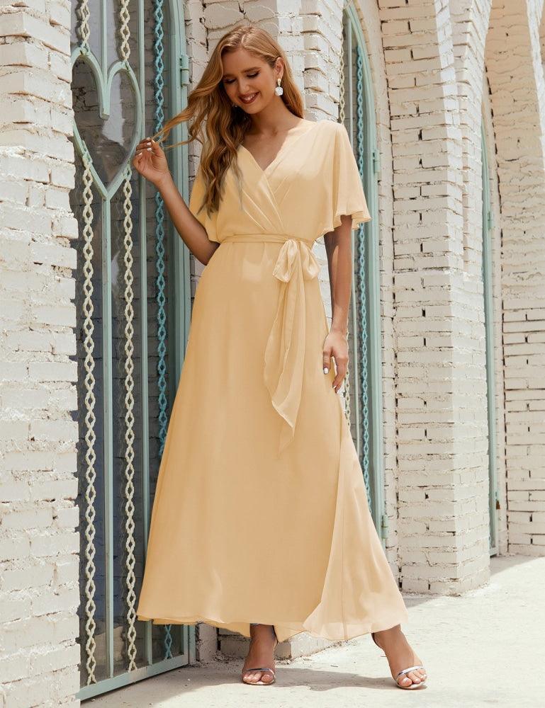 Vestido de dama de honra decote em V longo com cinto para 28022