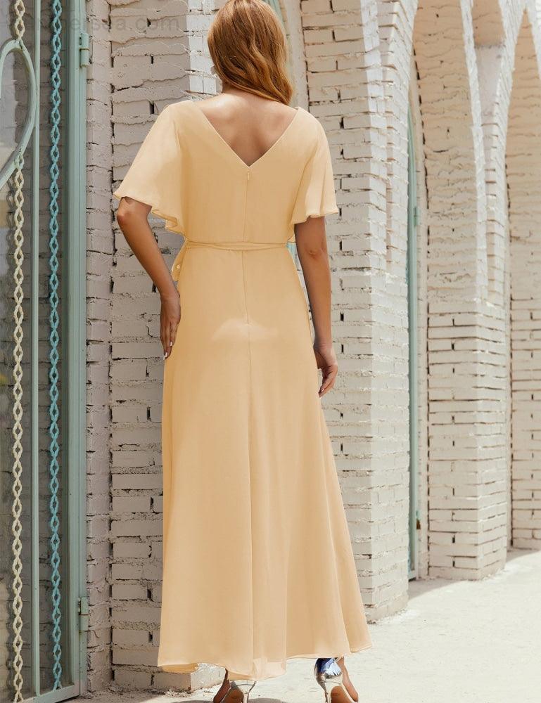 Vestido de dama de honra decote em V longo com cinto para 28022