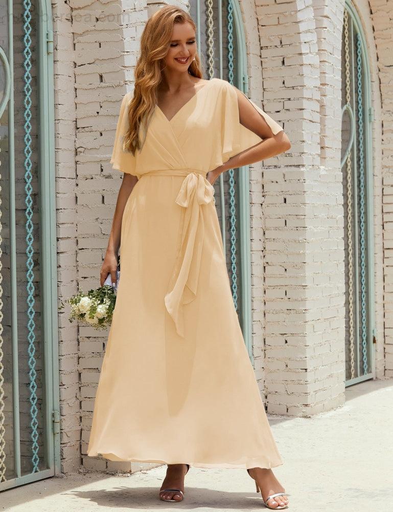 Vestido de dama de honra decote em V longo com cinto para 28022