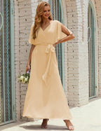 Vestido de dama de honra decote em V longo com cinto para 28022