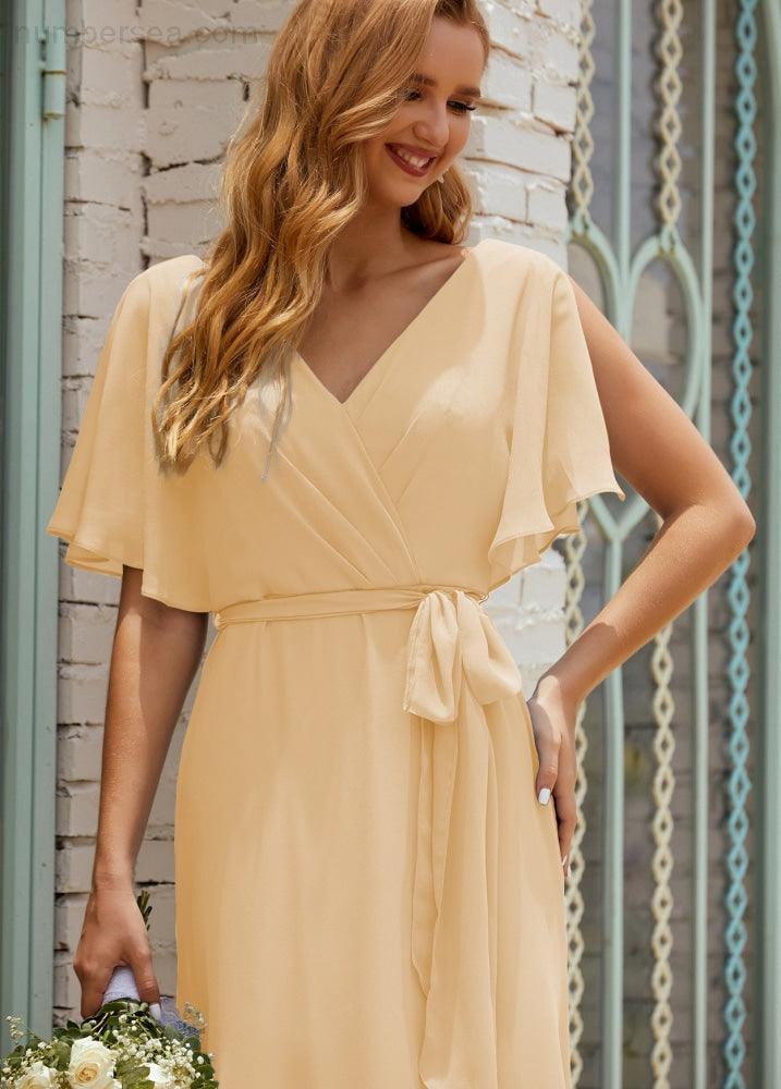 Vestido de dama de honra decote em V longo com cinto para 28022