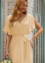 Vestido de dama de honra decote em V longo com cinto para 28022