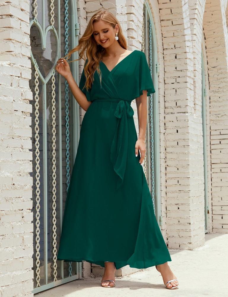 Vestido de dama de honra decote em V longo com cinto para 28022