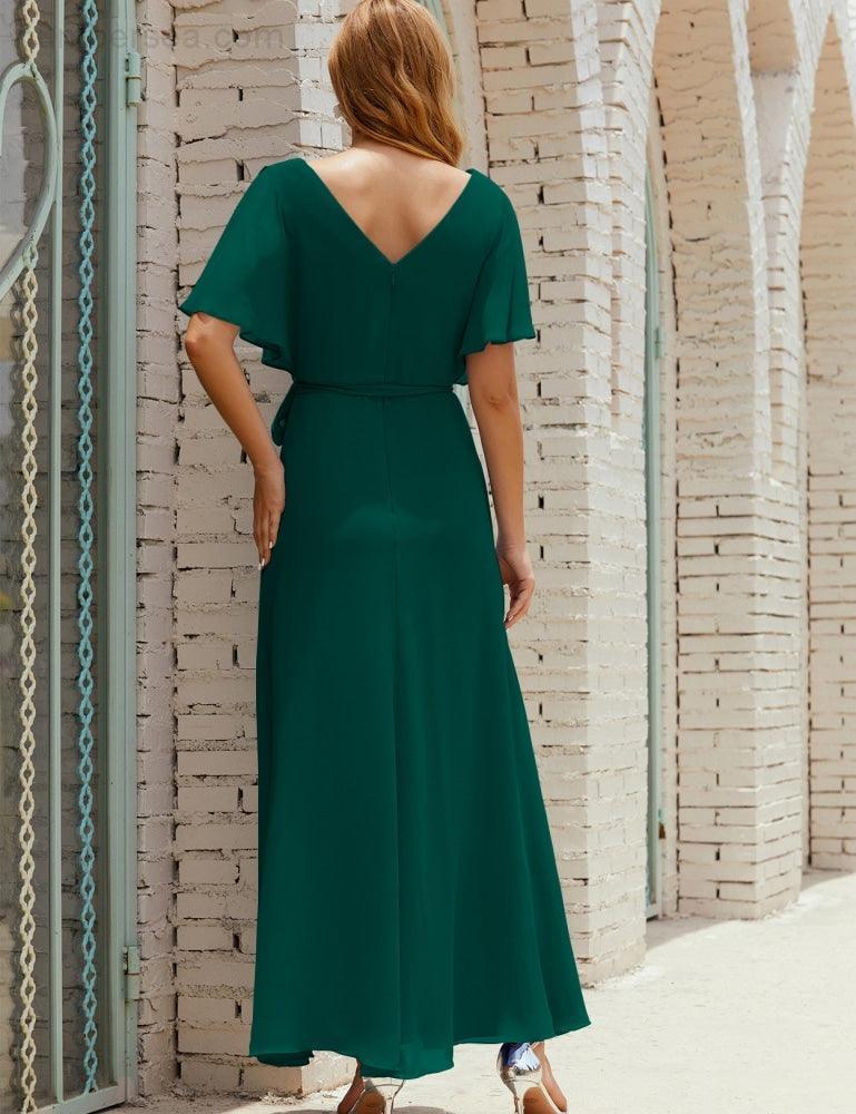 Vestido de dama de honra decote em V longo com cinto para 28022