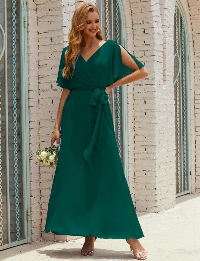 Vestido de dama de honra decote em V longo com cinto para 28022