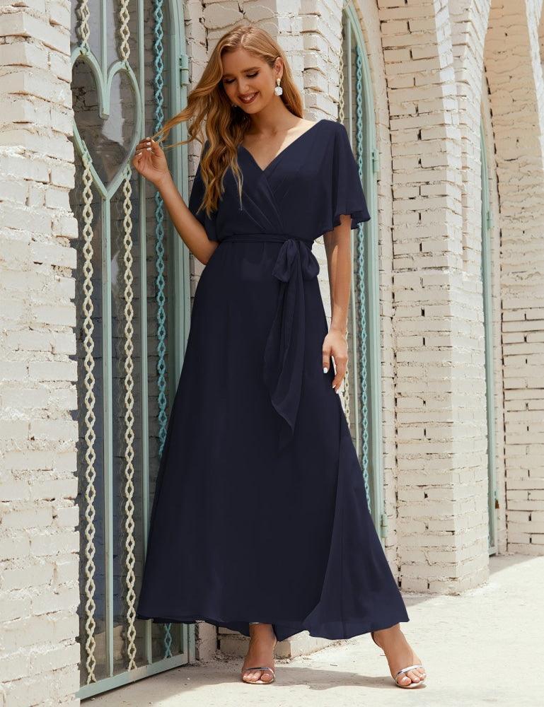 Vestido de dama de honra decote em V longo com cinto para 28022