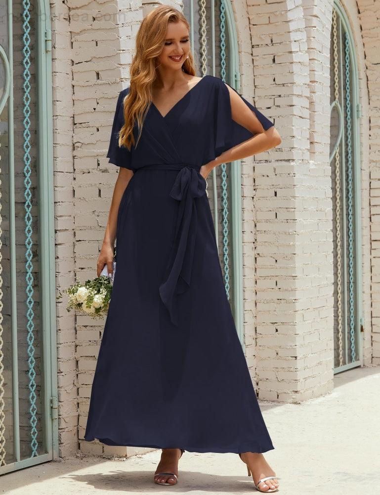 Vestido de dama de honra decote em V longo com cinto para 28022