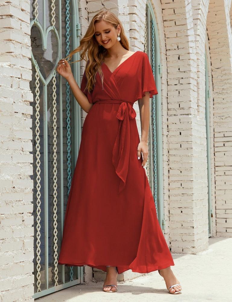 Vestido de dama de honra decote em V longo com cinto para 28022