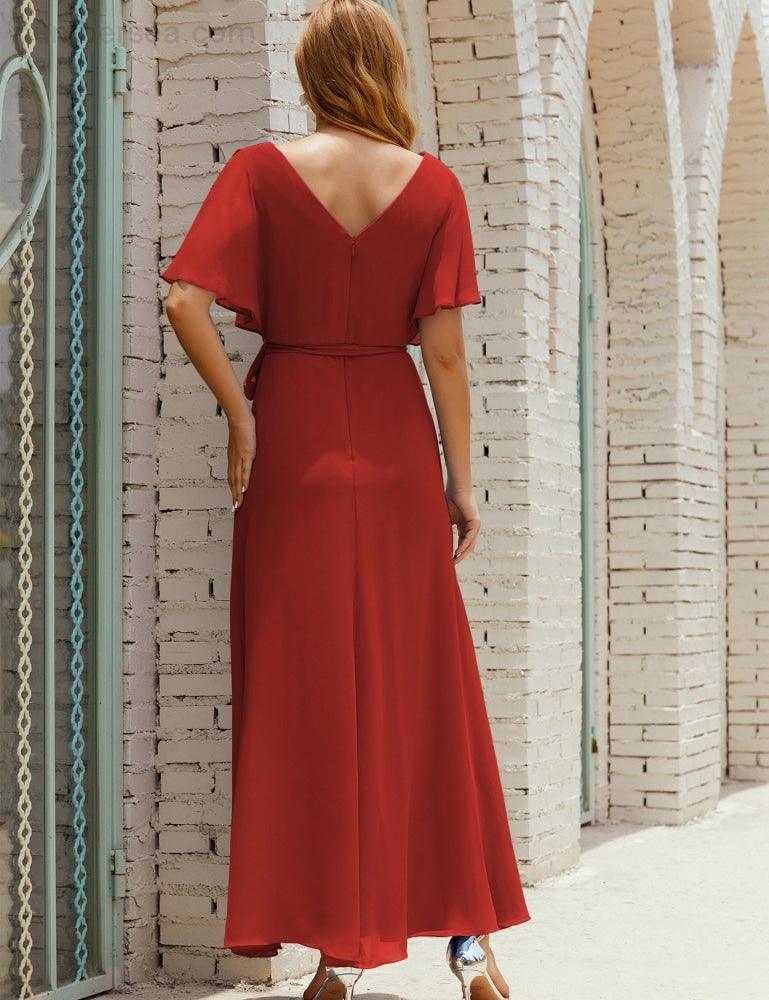Vestido de dama de honra decote em V longo com cinto para 28022