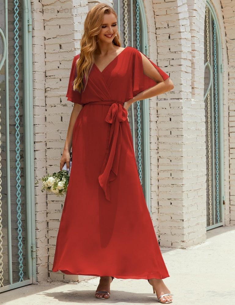 Vestido de dama de honra decote em V longo com cinto para 28022