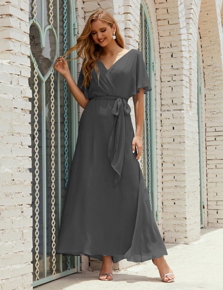 Vestido de dama de honra decote em V longo com cinto para 28022