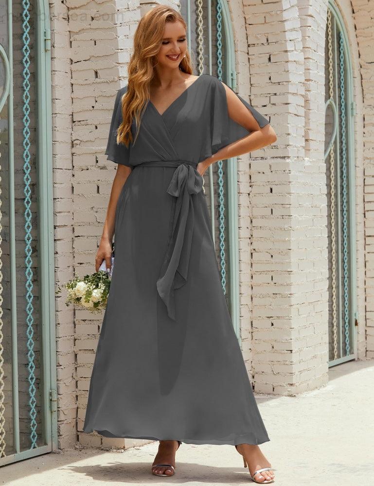Vestido de dama de honra decote em V longo com cinto para 28022
