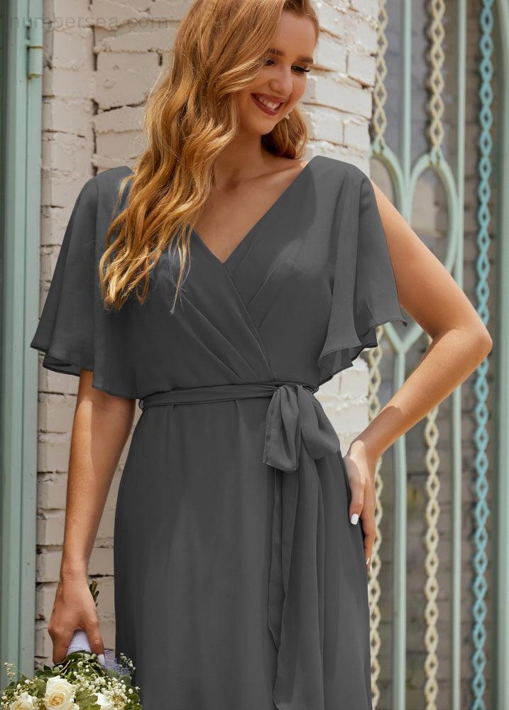 Vestido de dama de honra decote em V longo com cinto para 28022