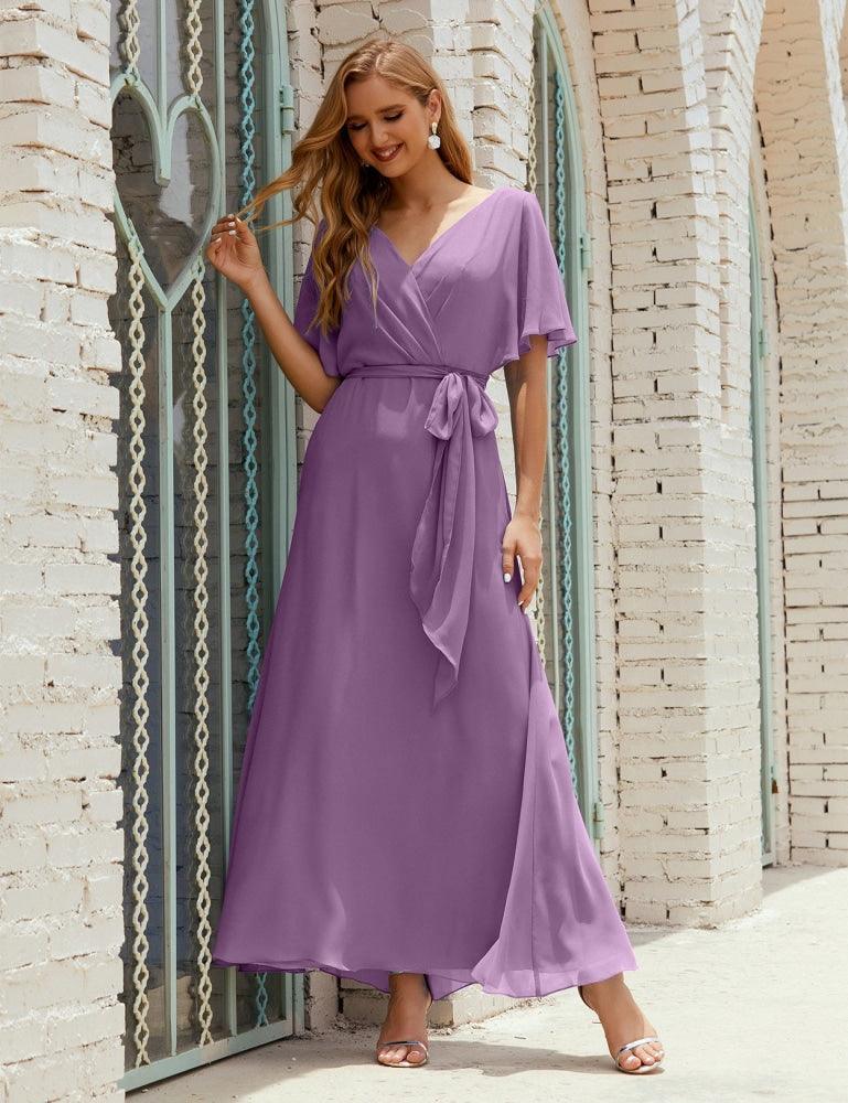 Vestido de dama de honra decote em V longo com cinto para 28022