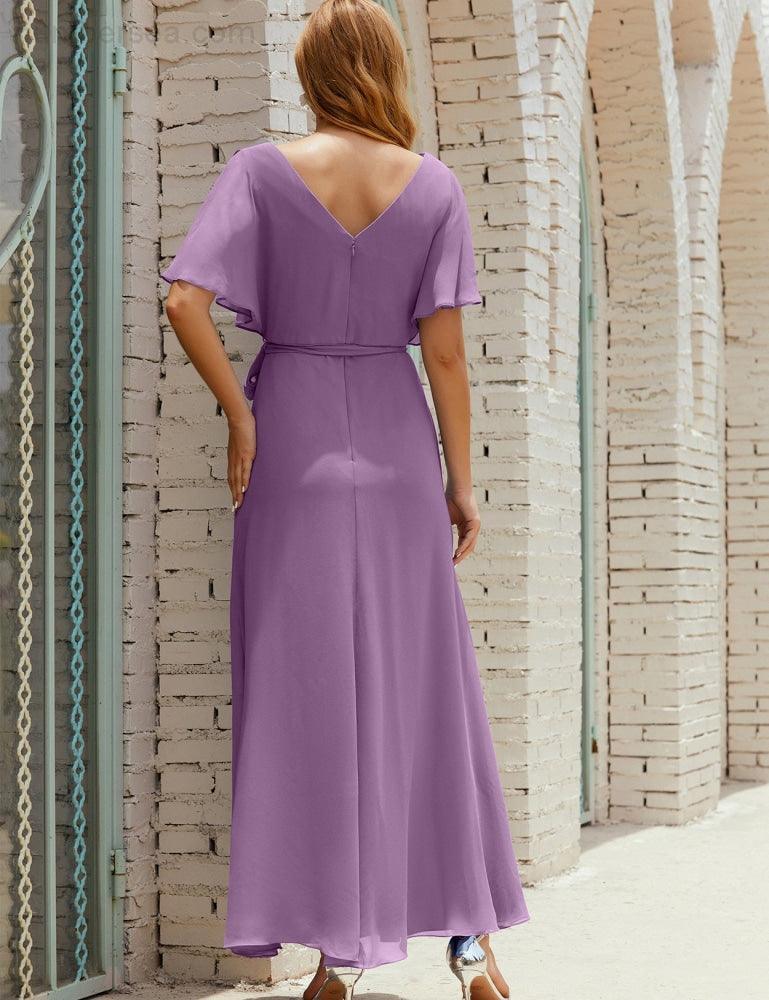 Vestido de dama de honra decote em V longo com cinto para 28022