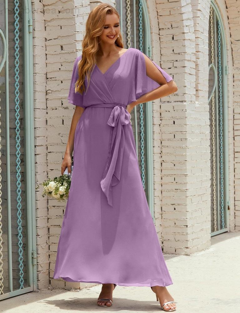 Vestido de dama de honra decote em V longo com cinto para 28022