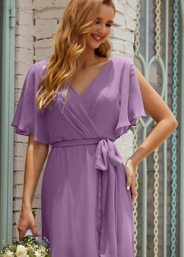 Vestido de dama de honra decote em V longo com cinto para 28022