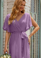 Vestido de dama de honra decote em V longo com cinto para 28022