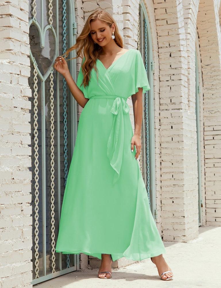 Vestido de dama de honra decote em V longo com cinto para 28022
