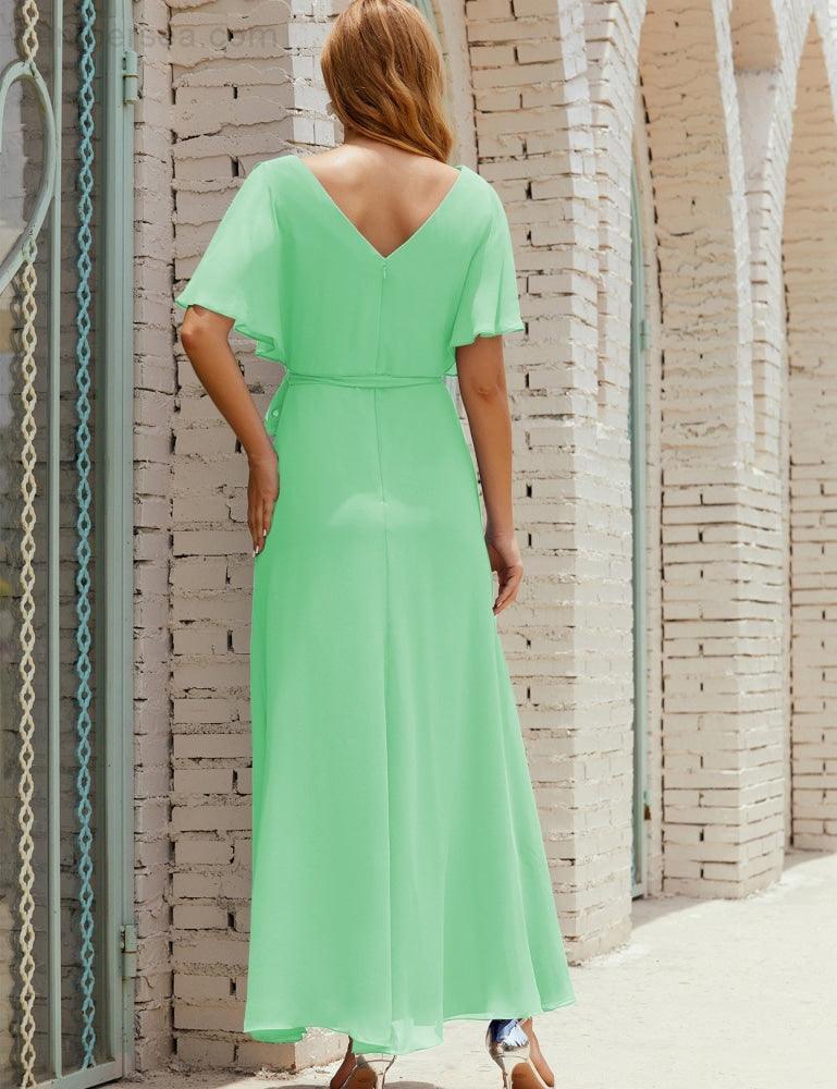 Vestido de dama de honra decote em V longo com cinto para 28022