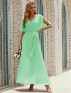 Vestido de dama de honra decote em V longo com cinto para 28022