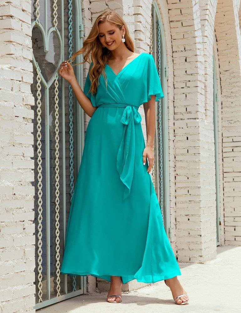 Vestido de dama de honra decote em V longo com cinto para 28022