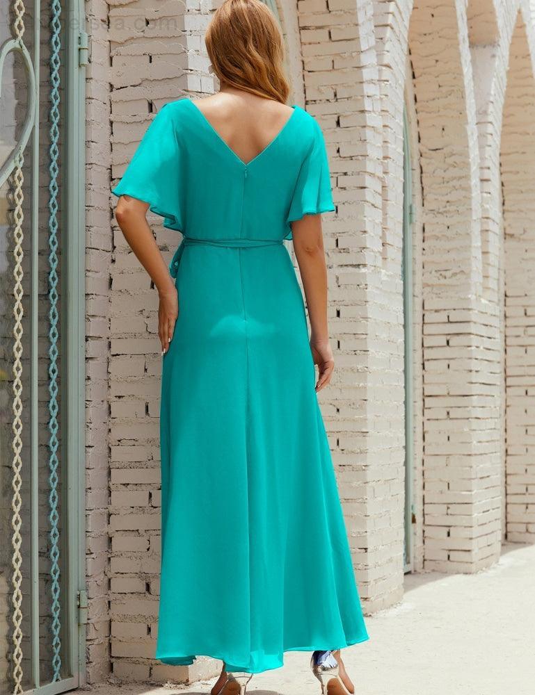 Vestido de dama de honra decote em V longo com cinto para 28022