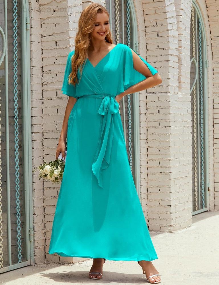 Vestido de dama de honra decote em V longo com cinto para 28022