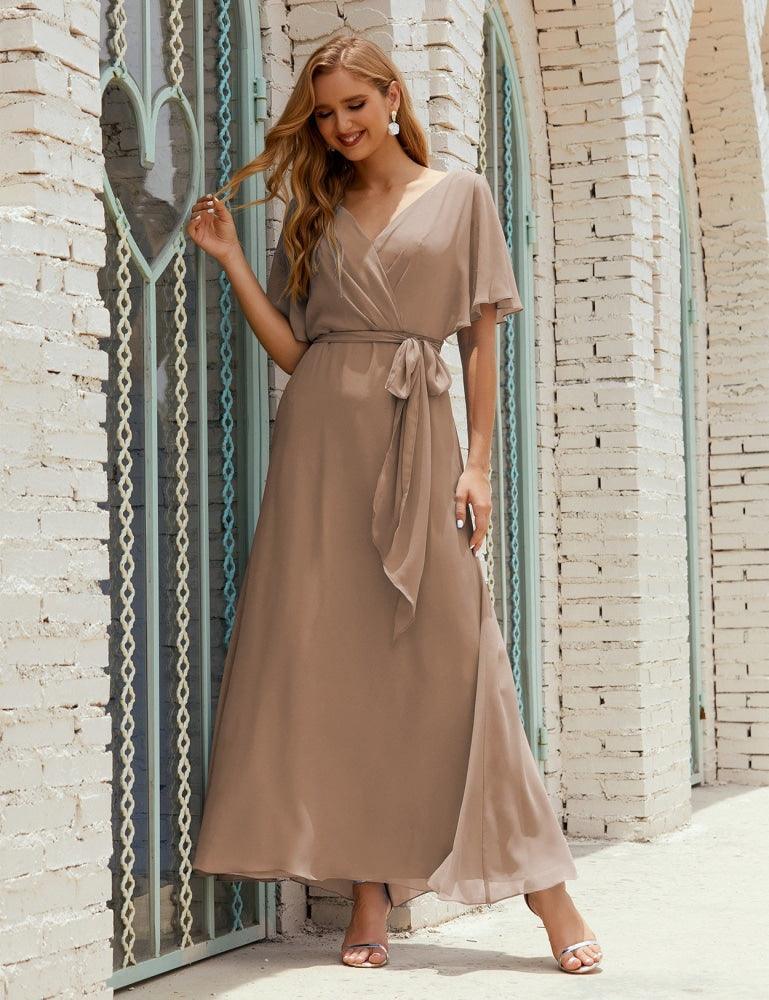 Vestido de dama de honra decote em V longo com cinto para 28022