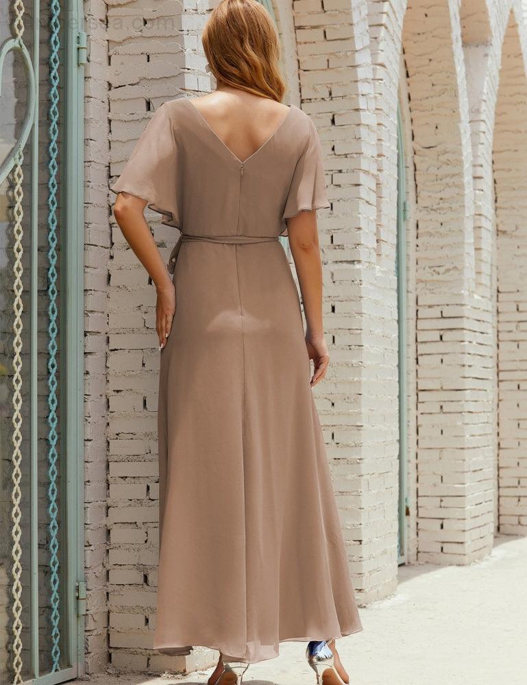 Vestido de dama de honra decote em V longo com cinto para 28022
