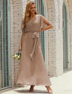 Vestido de dama de honra decote em V longo com cinto para 28022